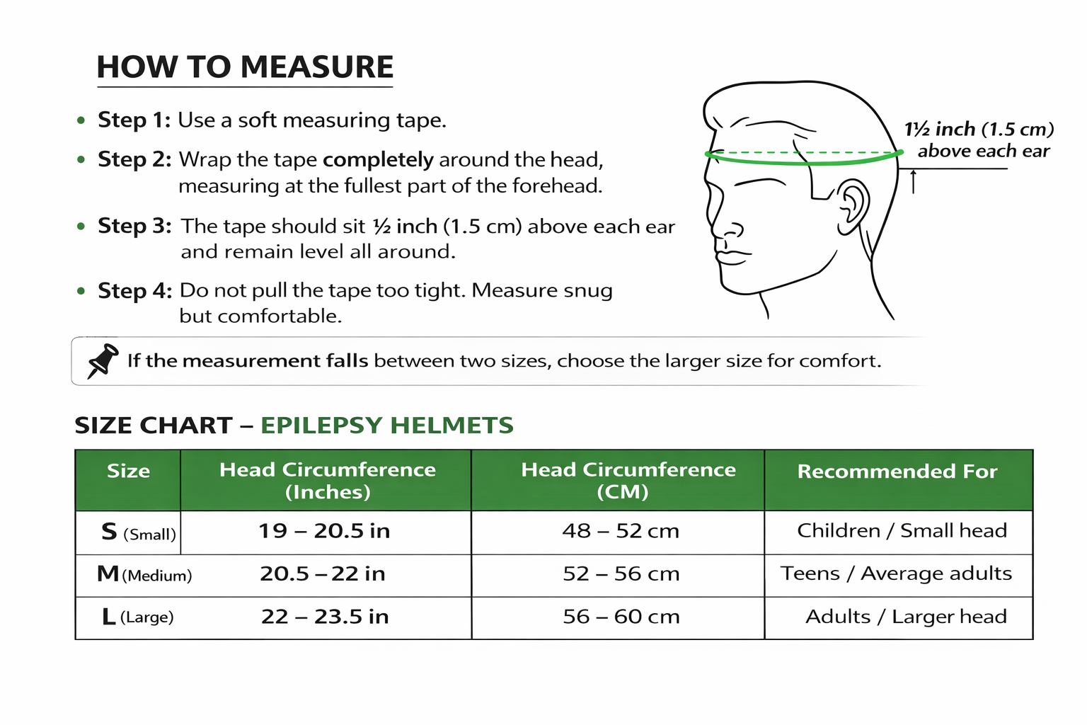 Dazzle Epilepsy Helmet Size Chart for ease of size selection for head protection