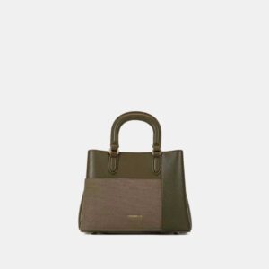 Chrisbella olive green structured handbag with canvas style front panel – women’s premium PU leather bag