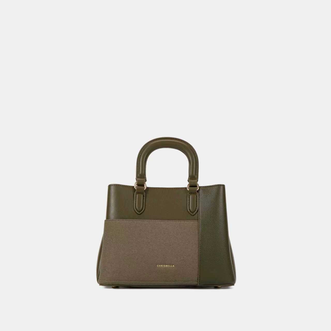 Chrisbella olive green structured handbag with canvas style front panel – women’s premium PU leather bag