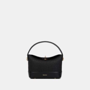 Bagco black woven sling handbag with PU leather base, top handle, and detachable long belt – model BX012409094