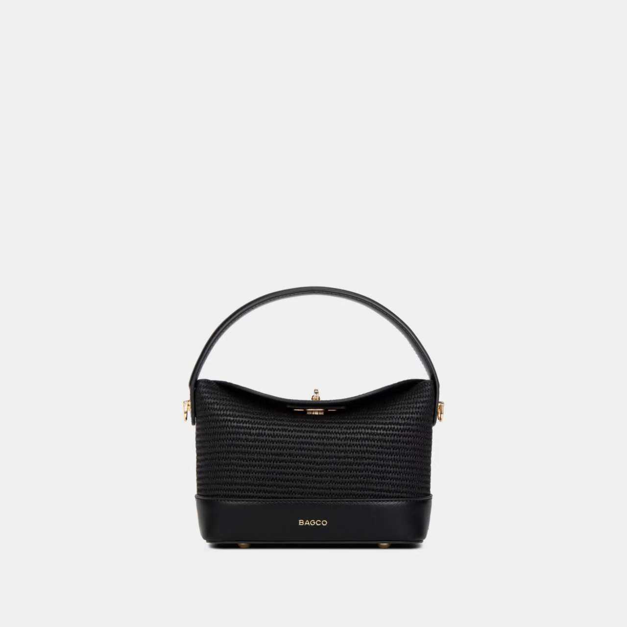 Bagco black woven sling handbag with PU leather base, top handle, and detachable long belt – model BX012409094