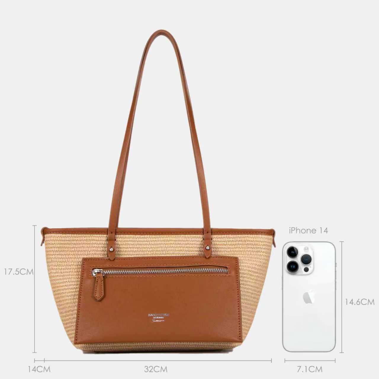 Bagco beige-brown woven PU leather shoulder bag for women with front zip pocket – compact designer handbag
