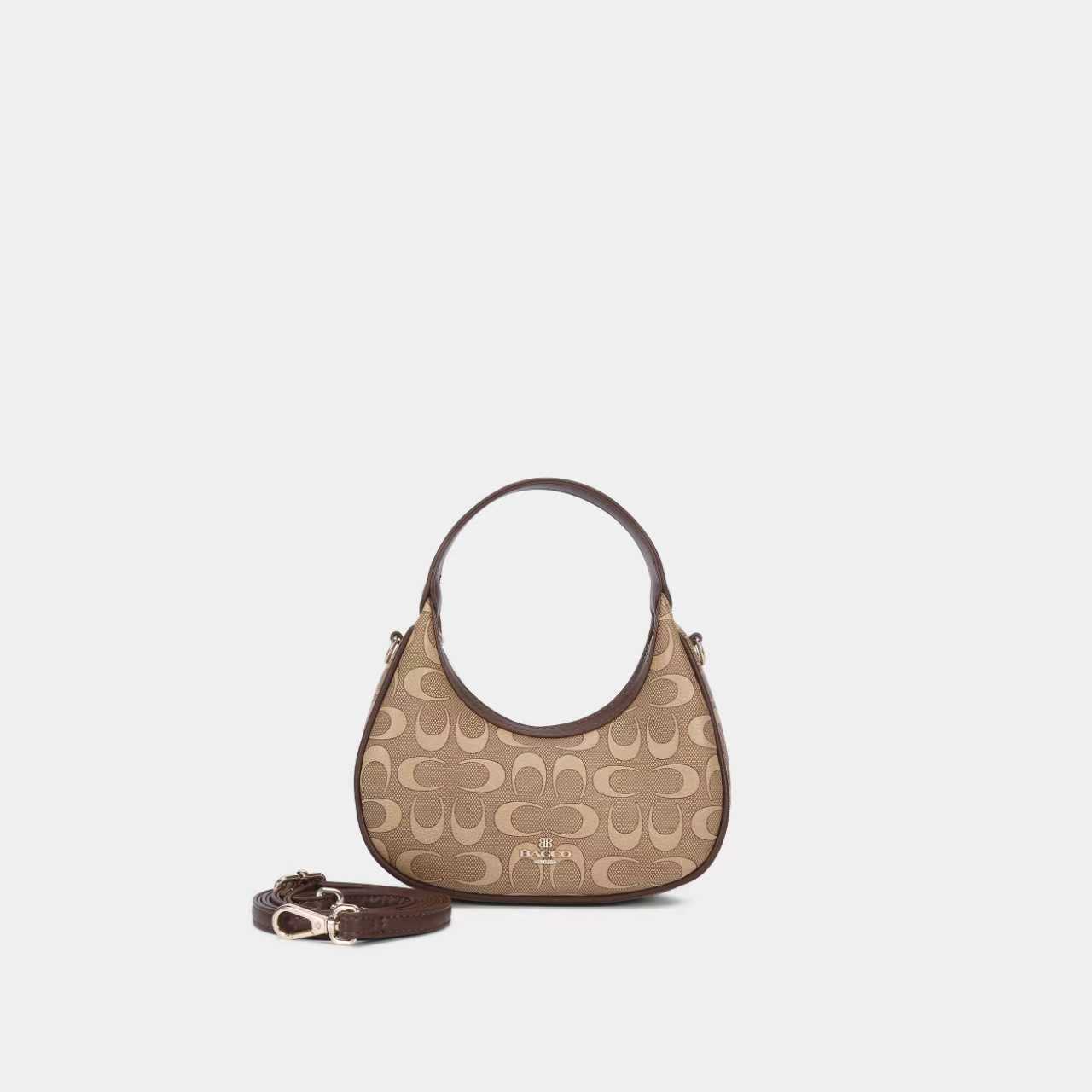 Bagco brown monogram baguette sling bag with detachable long belt – women’s shoulder handbag