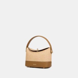 Bagco beige woven sling handbag with PU leather base, top handle, and detachable long belt – model BX012409094