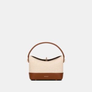 Bagco Beige- Dark Brown woven sling handbag with PU leather base, top handle, and detachable long belt – model BX012409094