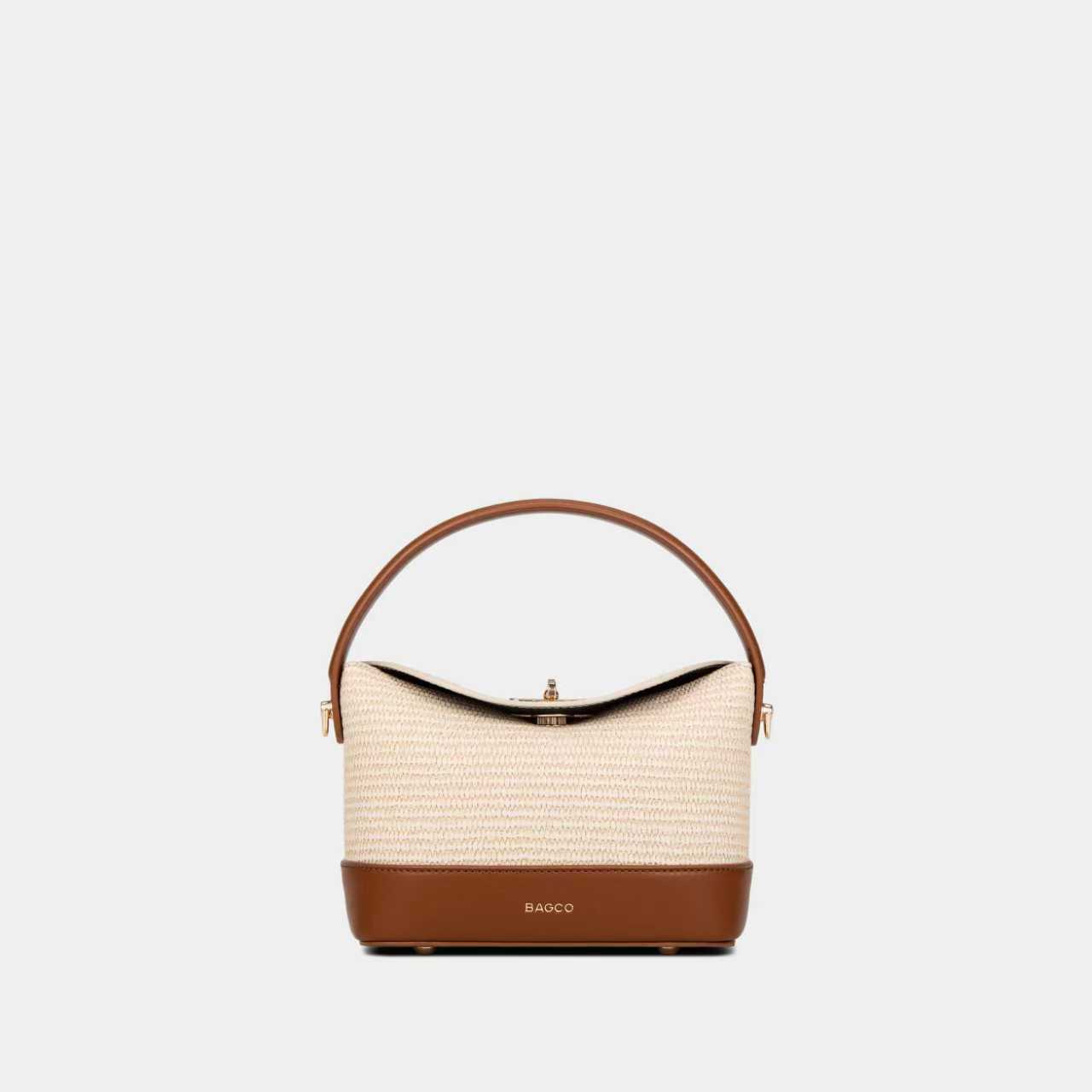 Bagco Beige- Dark Brown woven sling handbag with PU leather base, top handle, and detachable long belt – model BX012409094