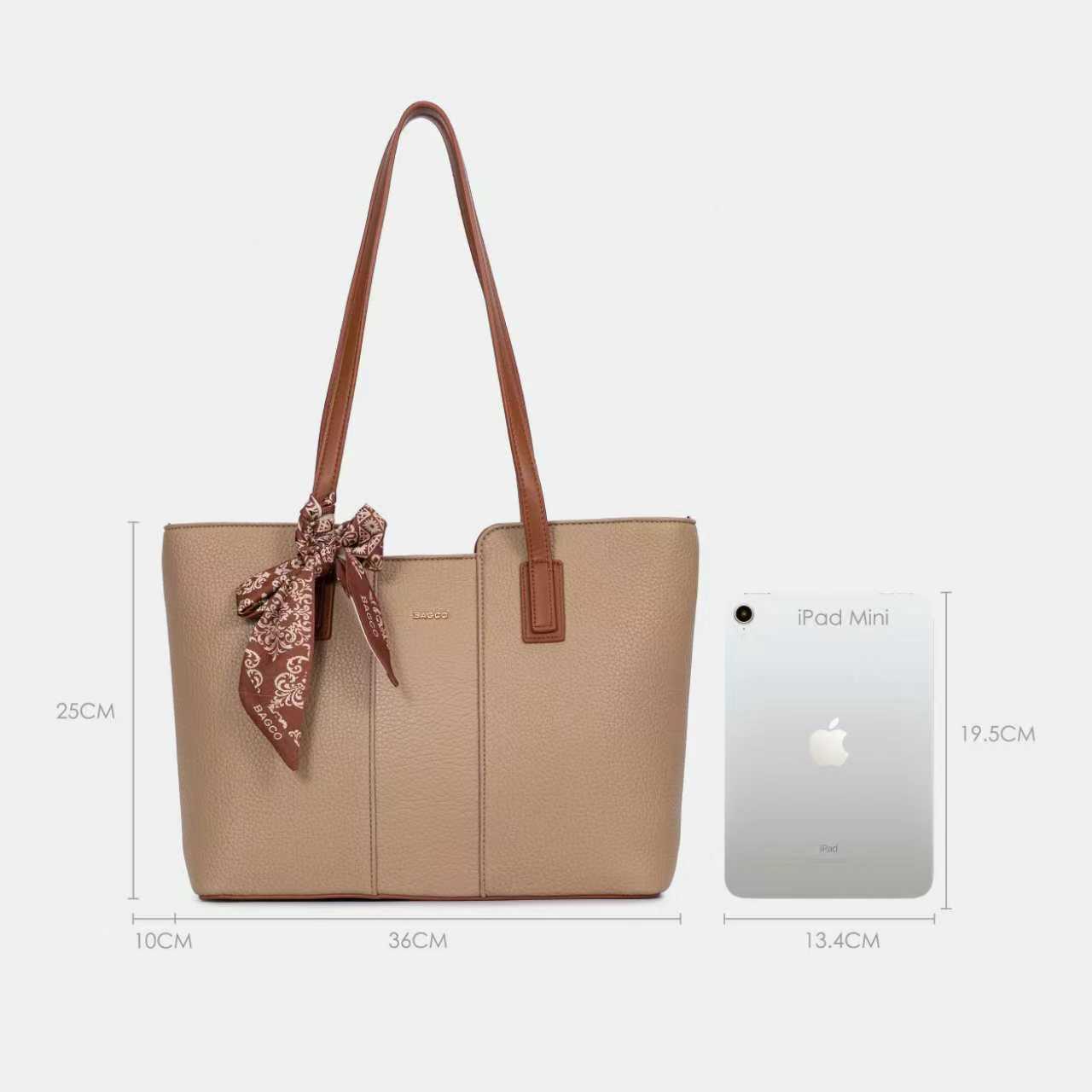 Bagco beige and brown PU leather tote bag for women with size dimensions – office shoulder bag