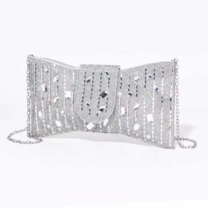 Chrisbella Premium Envelop Clutch Full stone work with long chain sling Silver Color