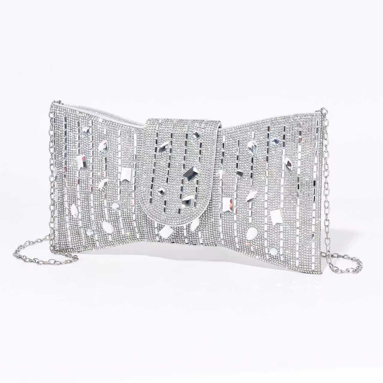 Chrisbella Premium Envelop Clutch Full stone work with long chain sling Silver Color