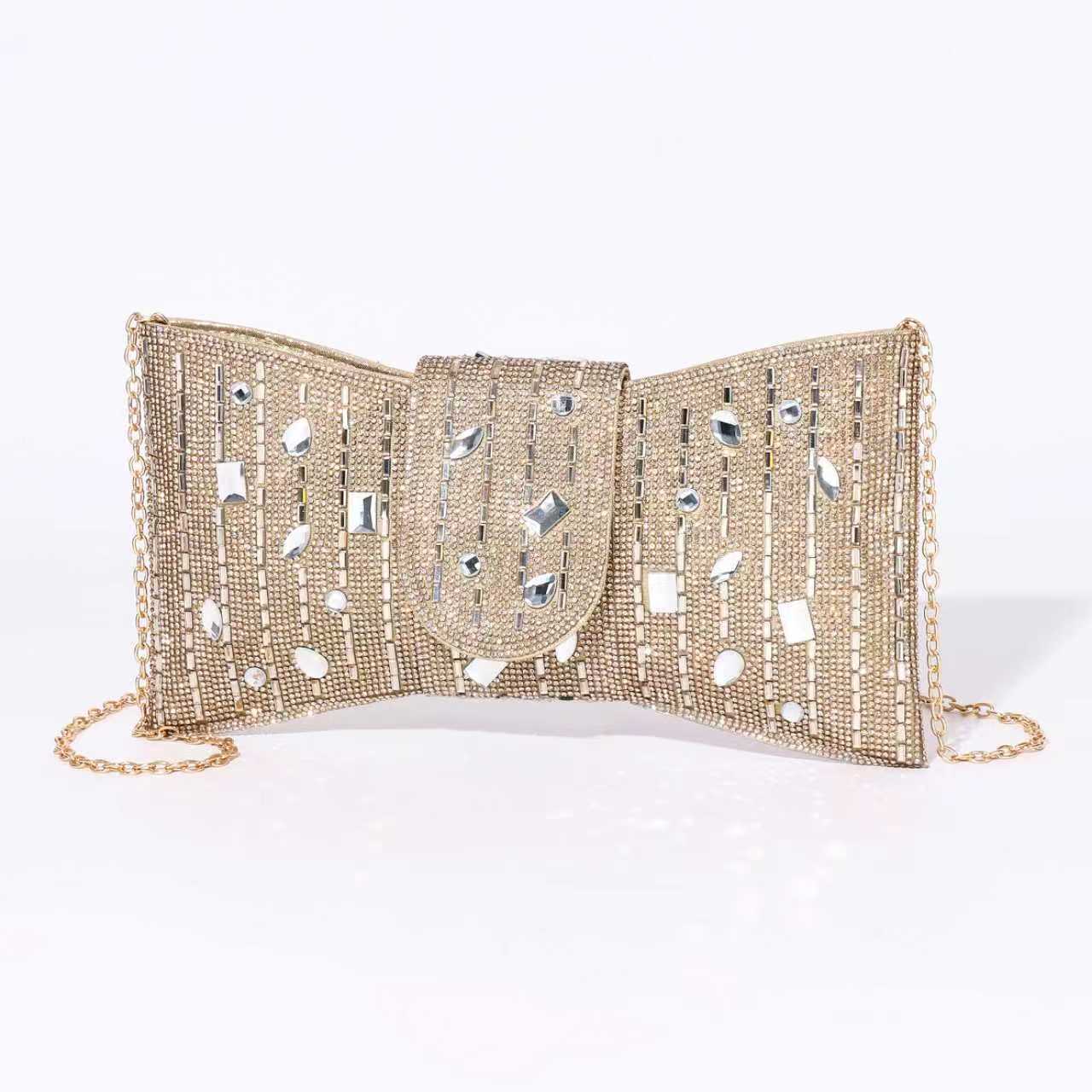 Chrisbella Premium Gold Stone Envelop Clutch with zip opening and a long chain sling