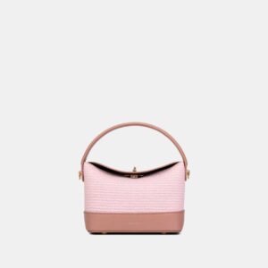 Bagco pink woven sling handbag with PU leather base, top handle, and detachable long belt – model BX012409094
