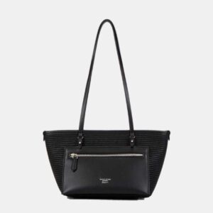 Bagco black woven PU leather shoulder bag for women with front zip pocket – compact designer handbag