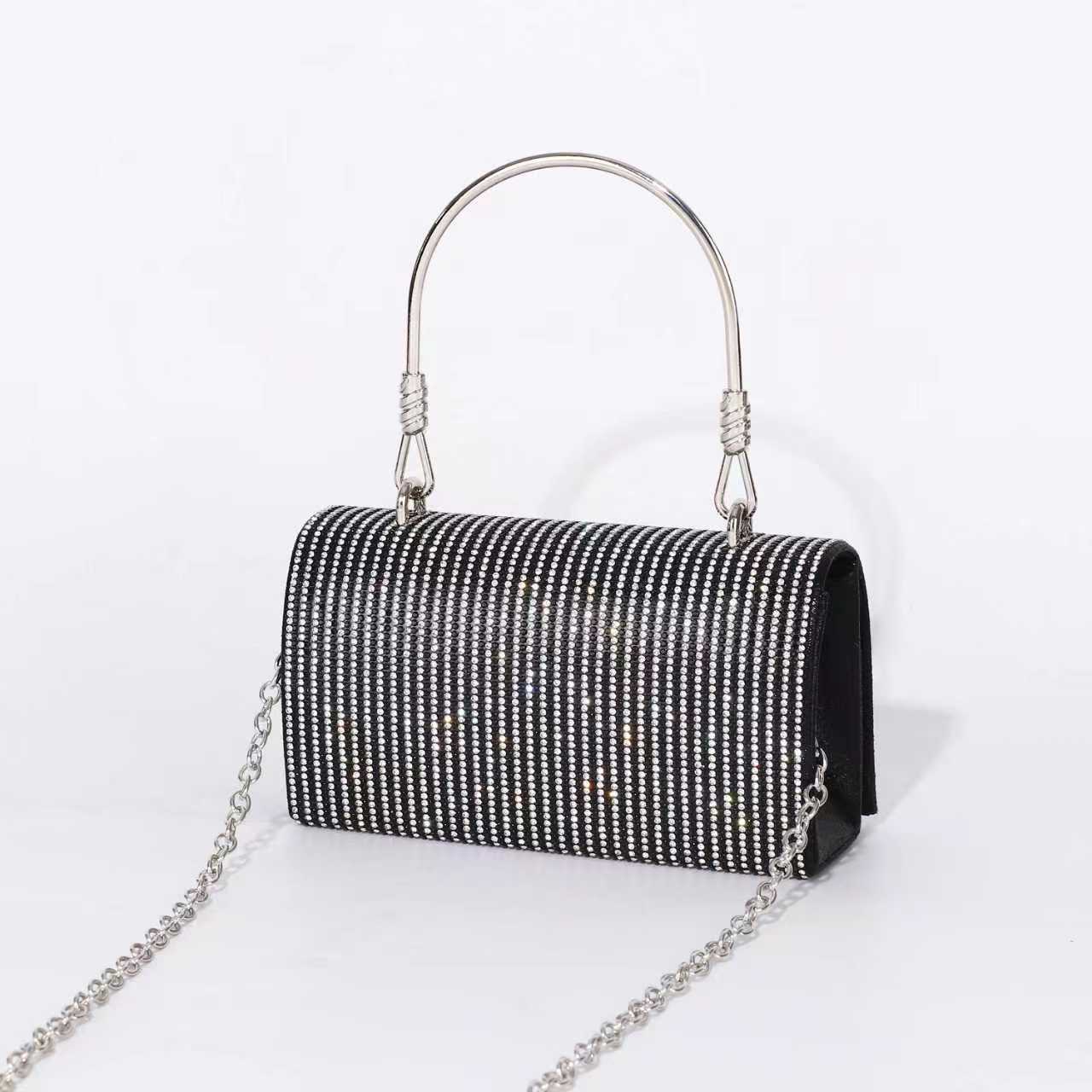 Chrisbella Black Crystal Clutch Purse with Metal Handle & Chain Sling - Image 2
