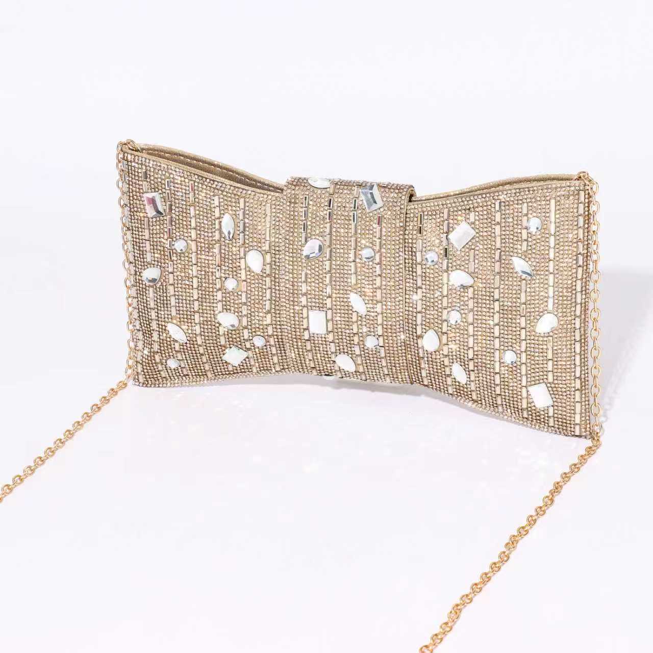 Chrisbella Gold Stone Envelope Clutch Purse with Chain Sling – Party Wear - Image 4